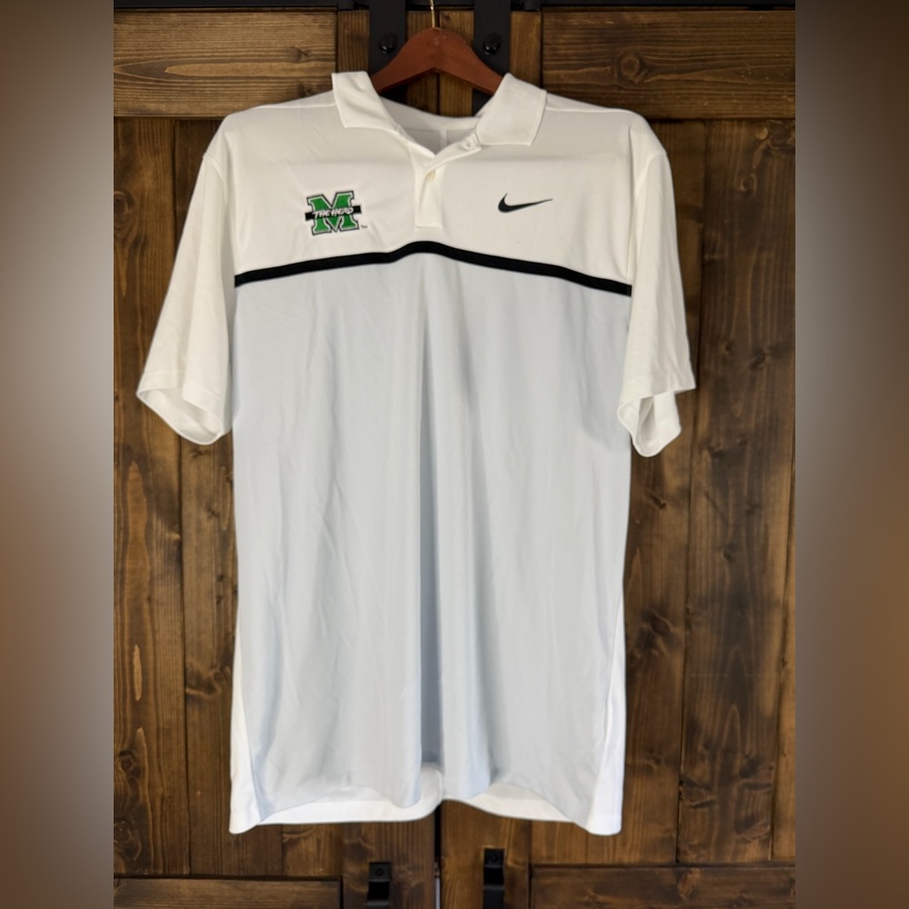 Nike White Polo with Black Chest Stripe and Green Logo Michigan the herd